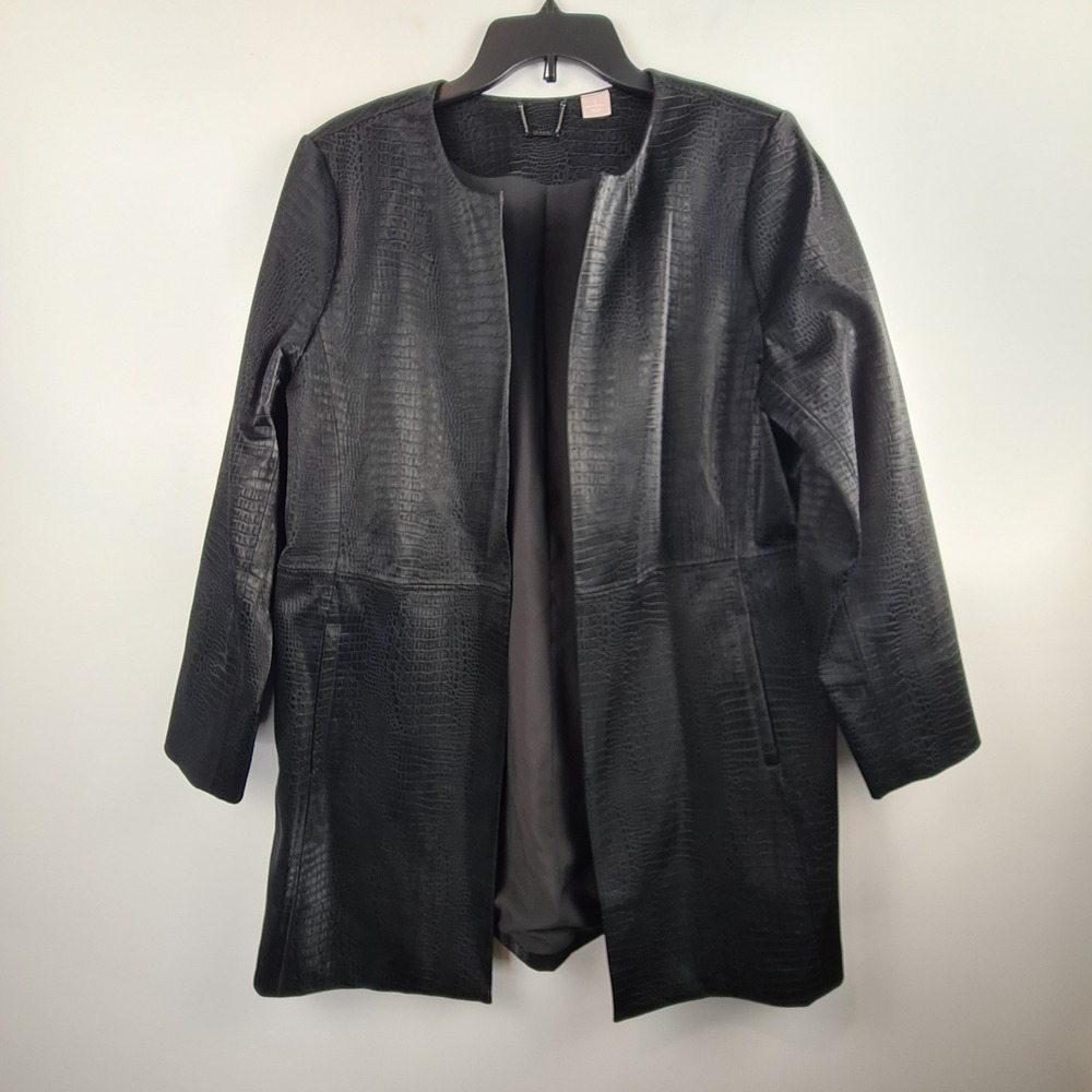 Chicos Black Faux Crocodile Embossed Open Front Longline Jacket Womens Size 2 L